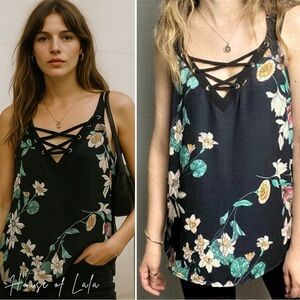 NWT Point Zero tank top floral deep v with lace up detail